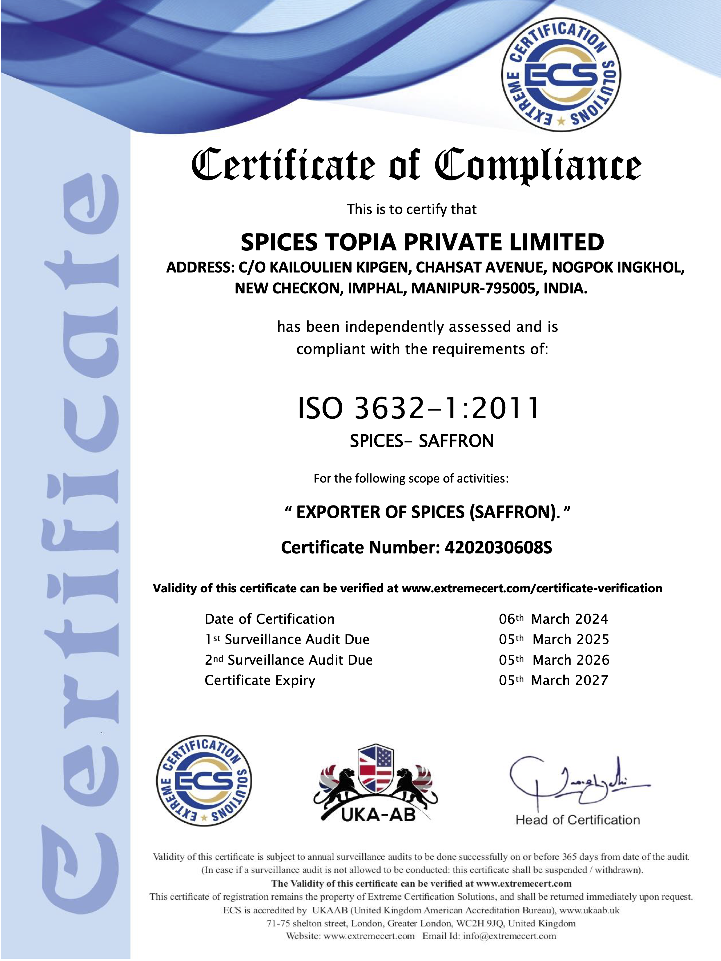 Certificate of Compliance, Saffron 2